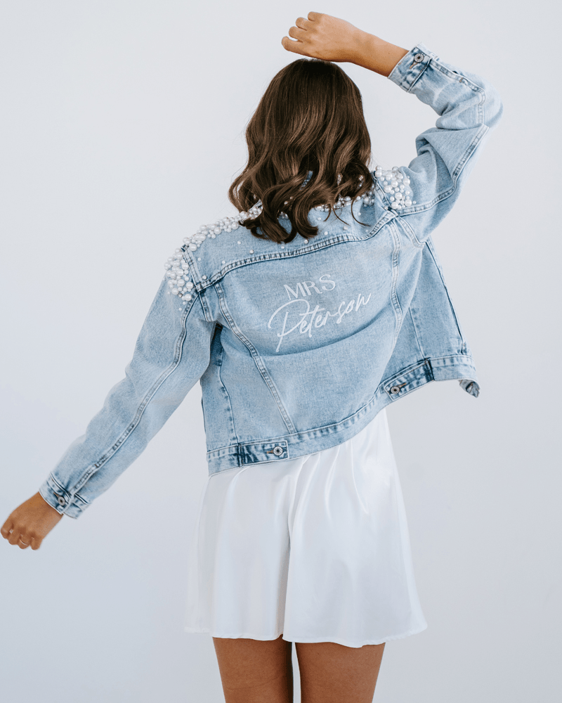 Personalised Bridal Denim Jacket | Miss Poppy Design | Bride Pearl Denim Jacket