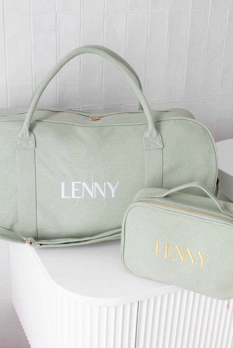 Personalised Duffle Bag Set in Sage Green | Custom Duffle Bags