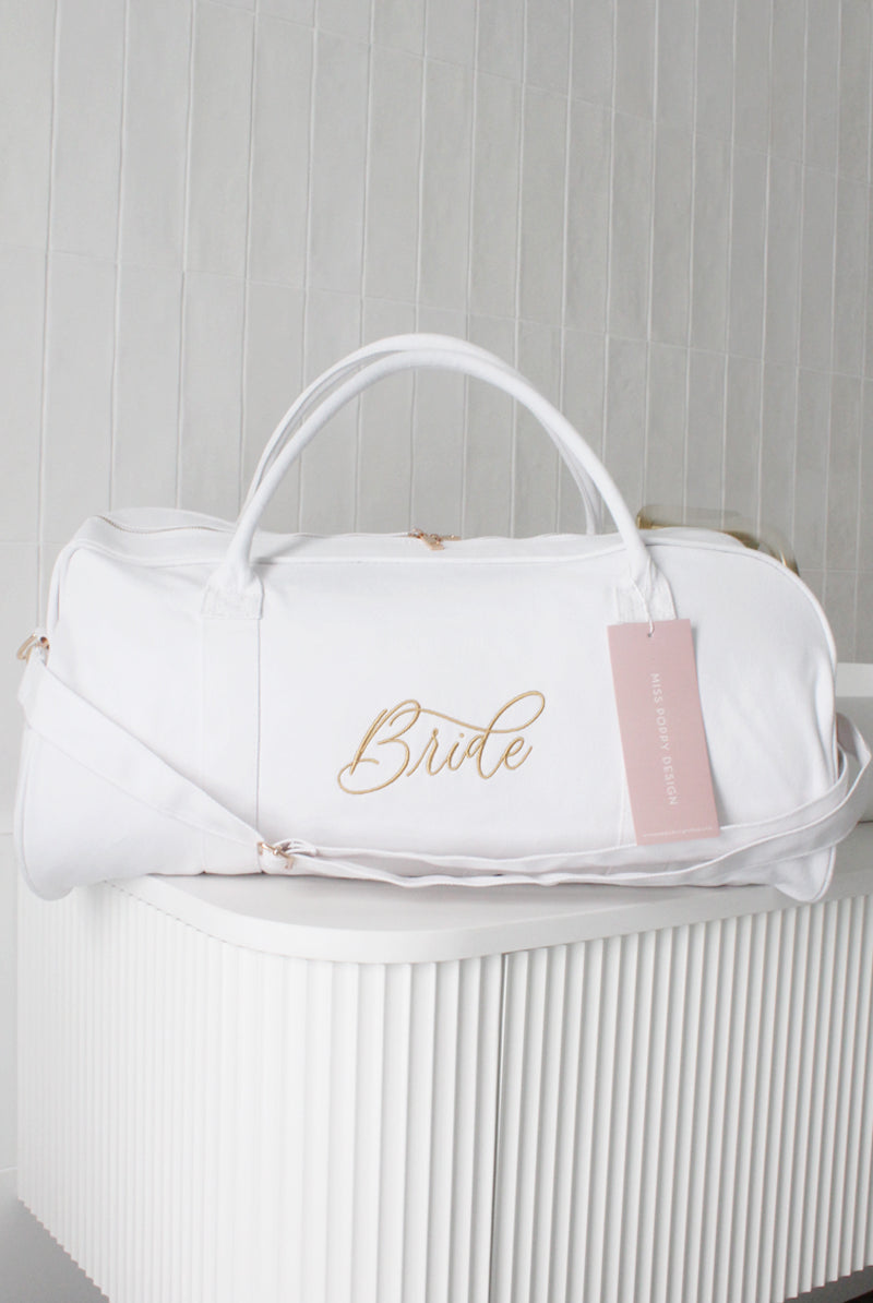 Custom Duffle Bag in White | Personalised White Duffle Bag | Bridesmaid Duffle Bags