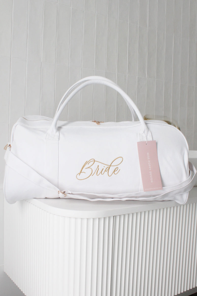 Custom Duffle Bag in White | Personalised White Duffle Bag | Bridesmaid Duffle Bags