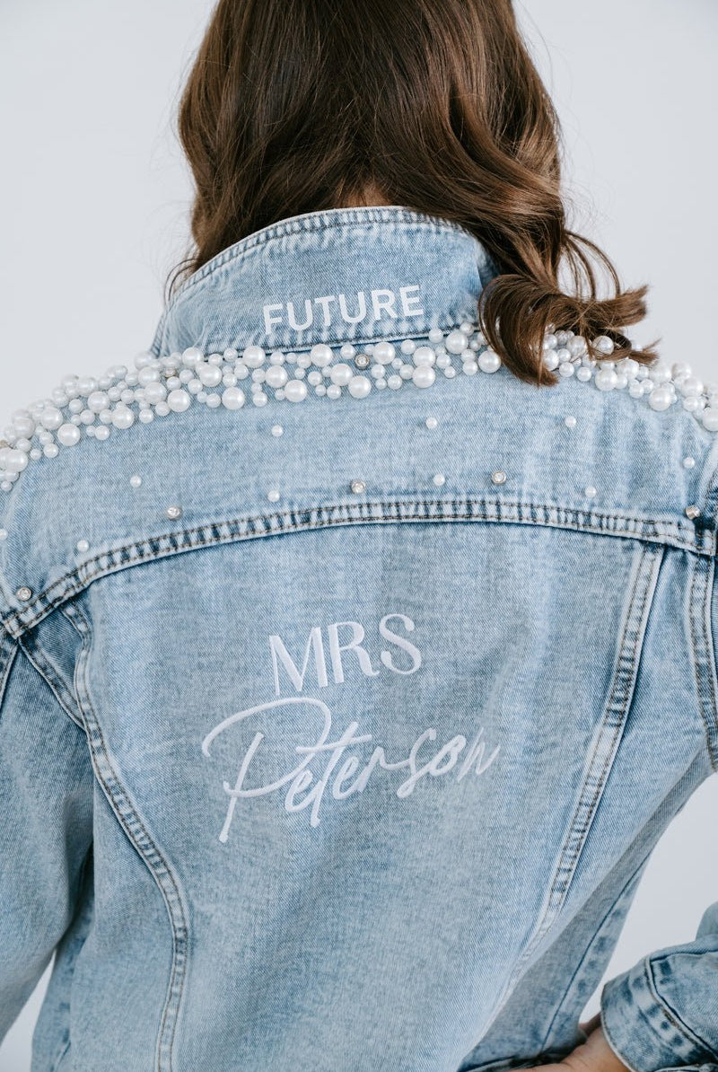 Bride Denim Jacket | Bridal Denim Jacket | Personalised Pearl Denim Jacket | Miss Poppy Design