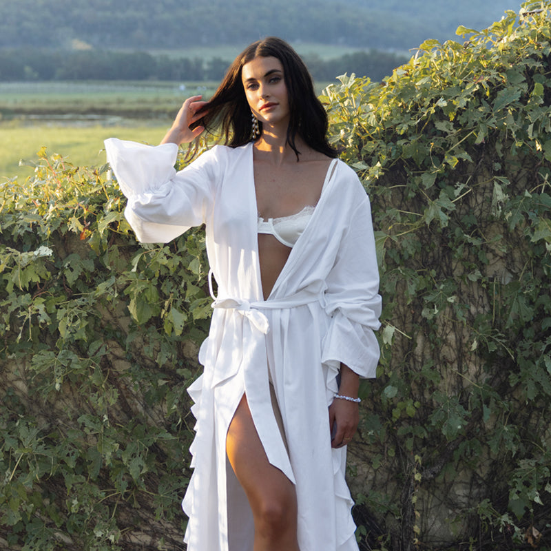 Linen Ruffle Bridal Robe | White Bride Robe