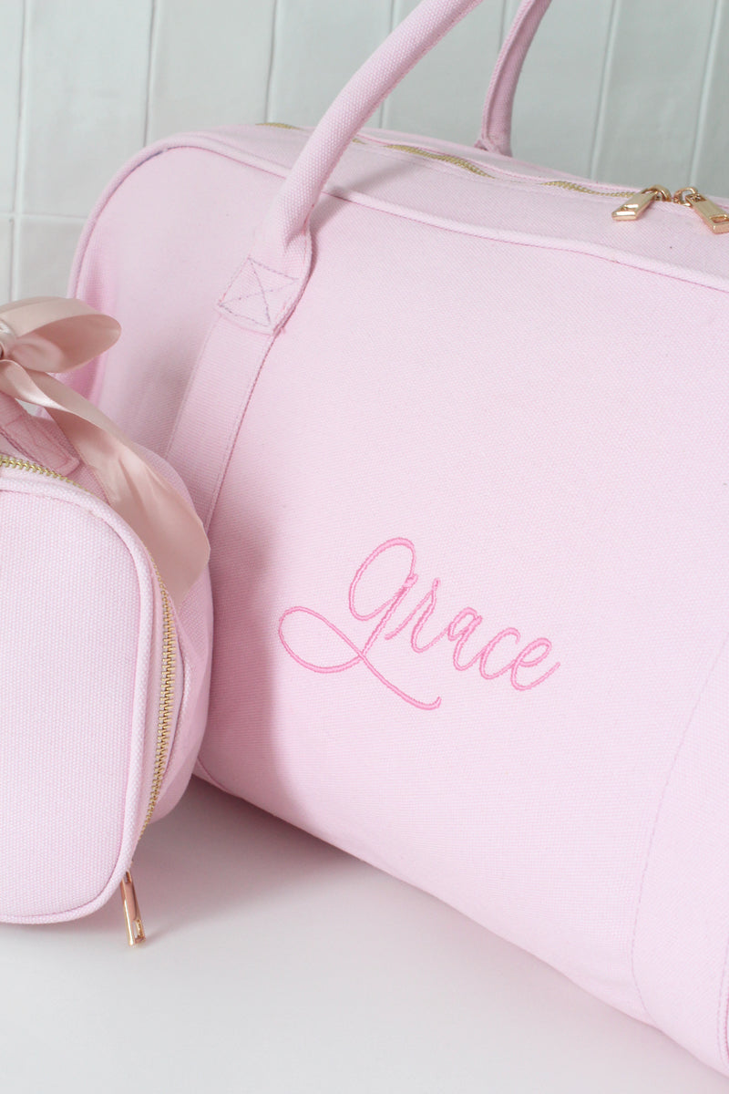 Personalised pink duffle bag with name