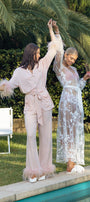 Blush feather trim pyjama set | Feather Bridal Pyjamas