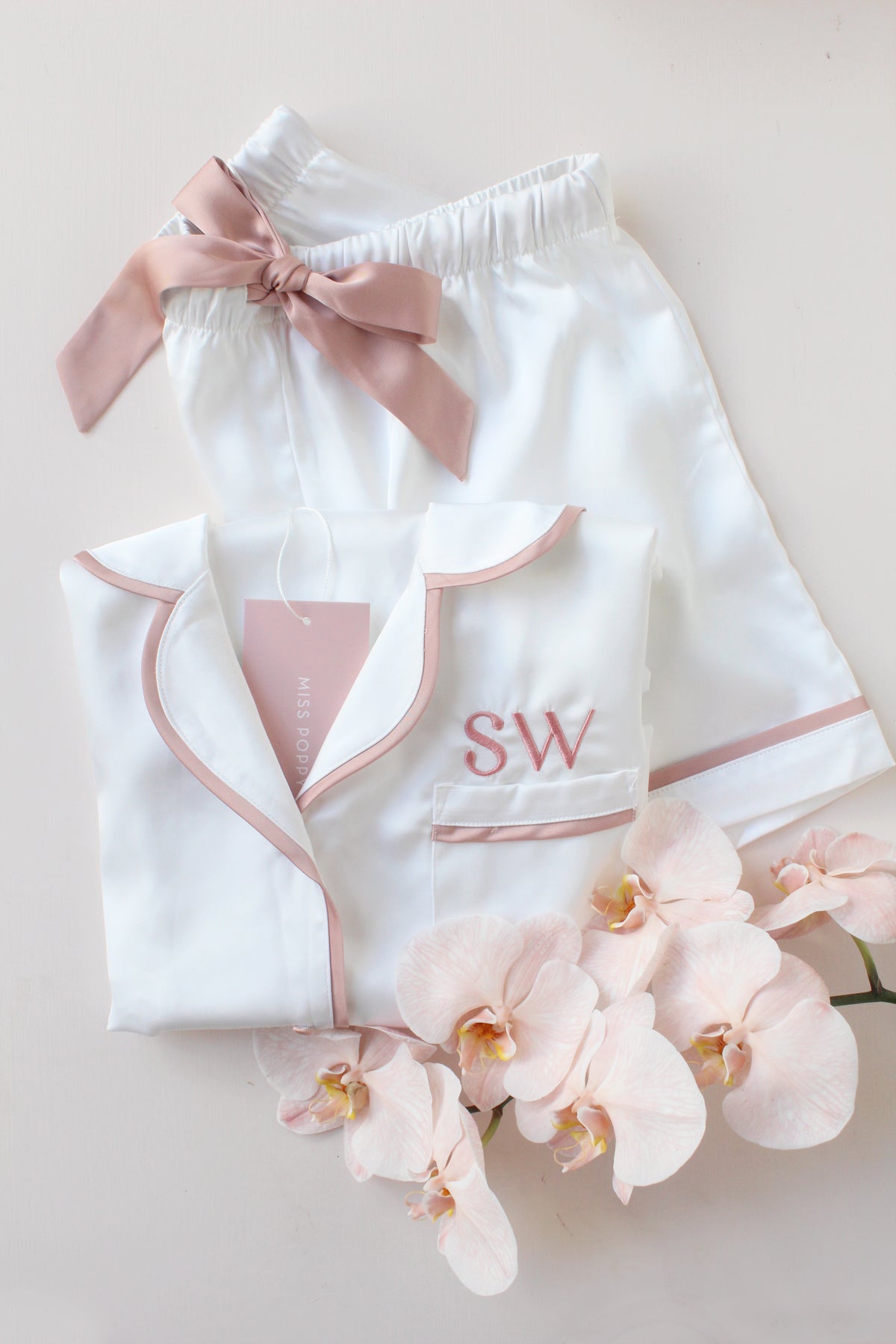 Bella Premium Satin PJ Set- White & Dusty Rose