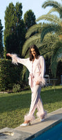 Blush feather trim pyjama set | Feather Bridal Pyjamas