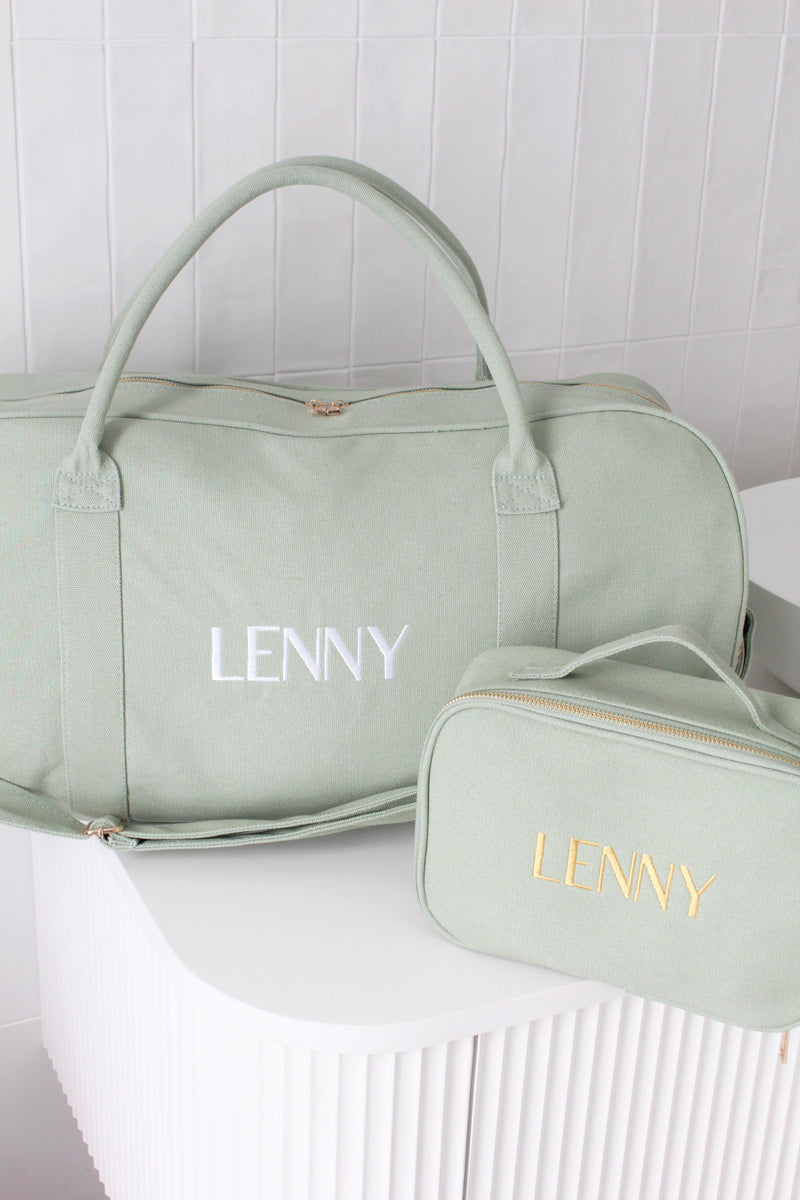 Personalised Duffle Bag Set in Sage Green | Custom Duffle Bags