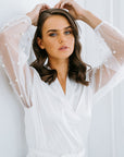 Keira Pearl Lace Sleeve White Robe