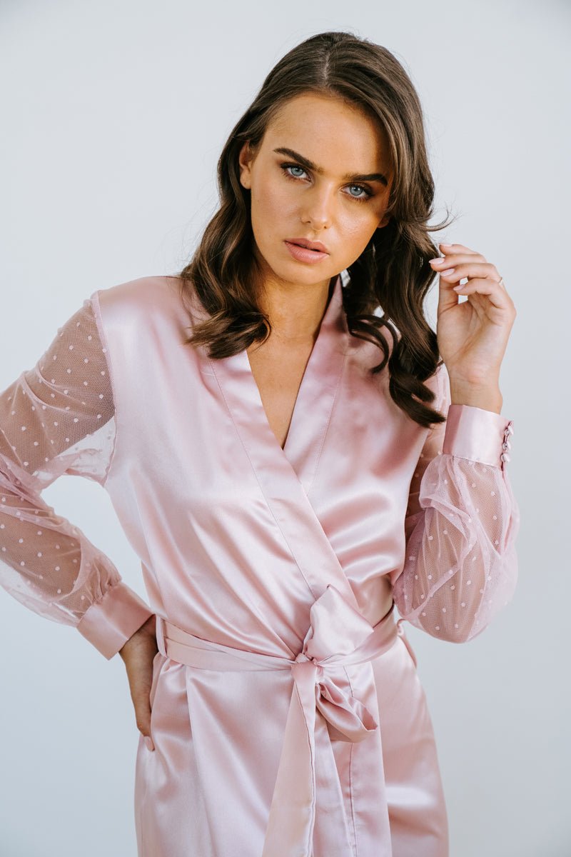 Pink Satin Robe | Lace Robe | Bridesmaid Robe | Spot Lace Robe