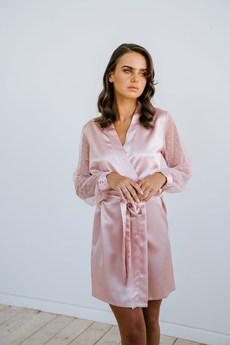 Pink Satin Robe | Lace Robe | Bridesmaid Robe | Spot Lace Robe