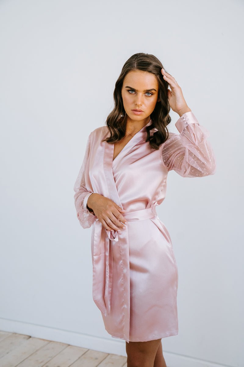 Pink Satin Robe | Lace Robe | Bridesmaid Robe | Spot Lace Robe