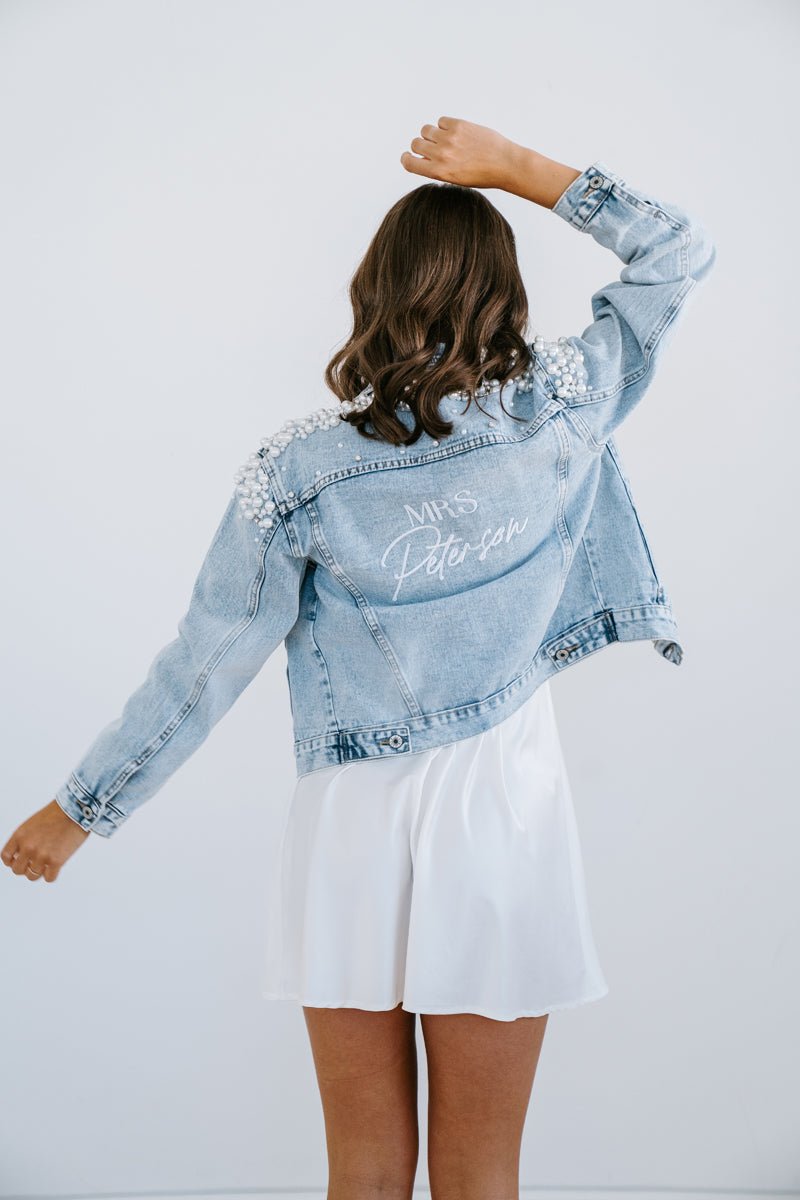 Bride Denim Jacket | Bridal Denim Jacket | Personalised Pearl Denim Jacket | Miss Poppy Design