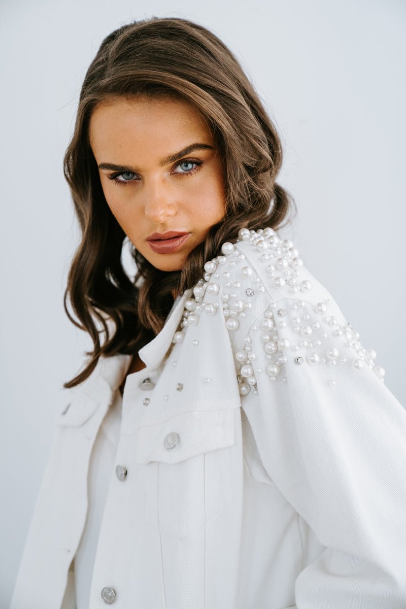 White denim jacket with pearls for the Bride