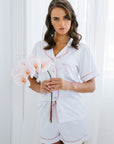 Bella Satin PJ Set- White & Dusty Rose