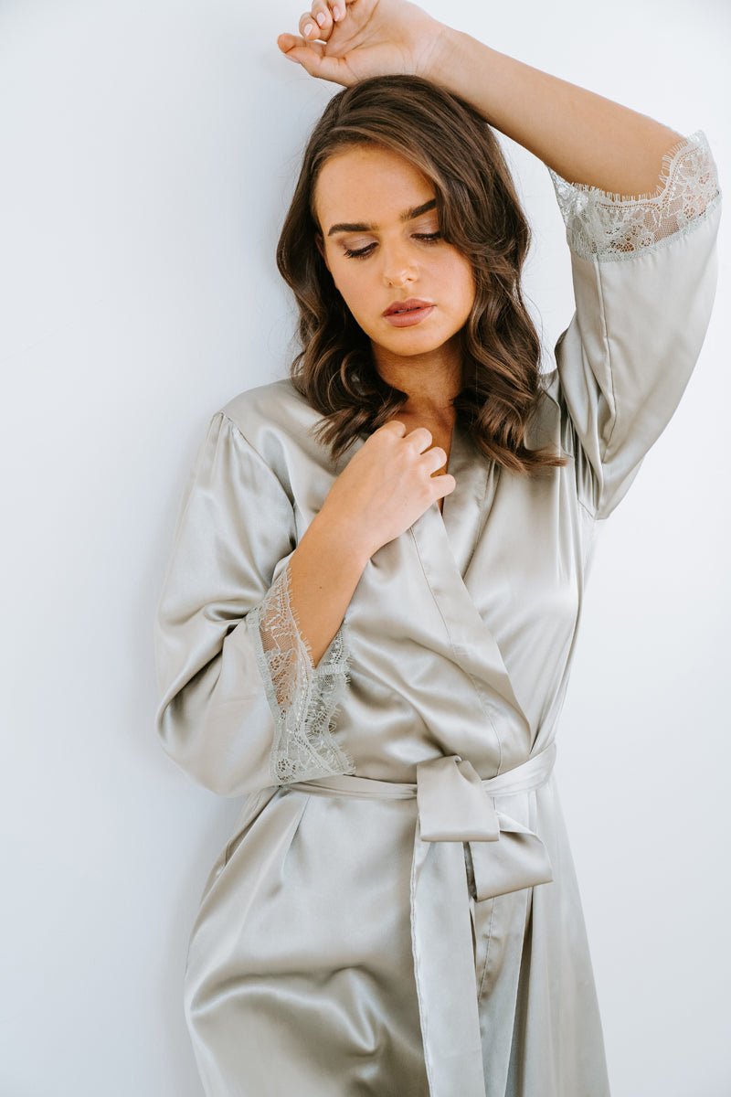 Kailey Lace Trim Bridal Robe- Sage Green