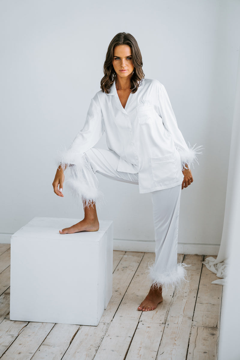 Feather Trim Pyjamas | Feather Bridal PJs | Feather Pyjamas Australia