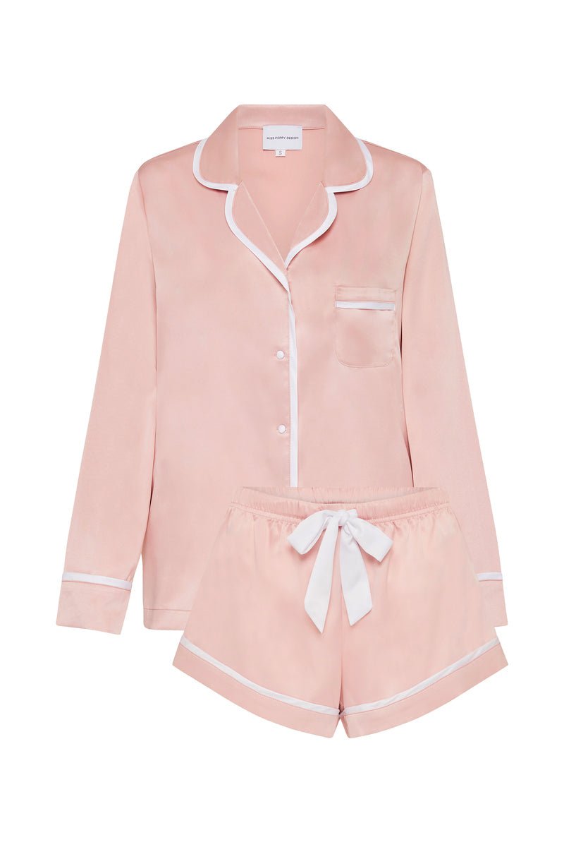 LUXE SATIN PERSONALISED PYJAMA SET - DUSTY ROSE/WHITE - LONG SLEEVE