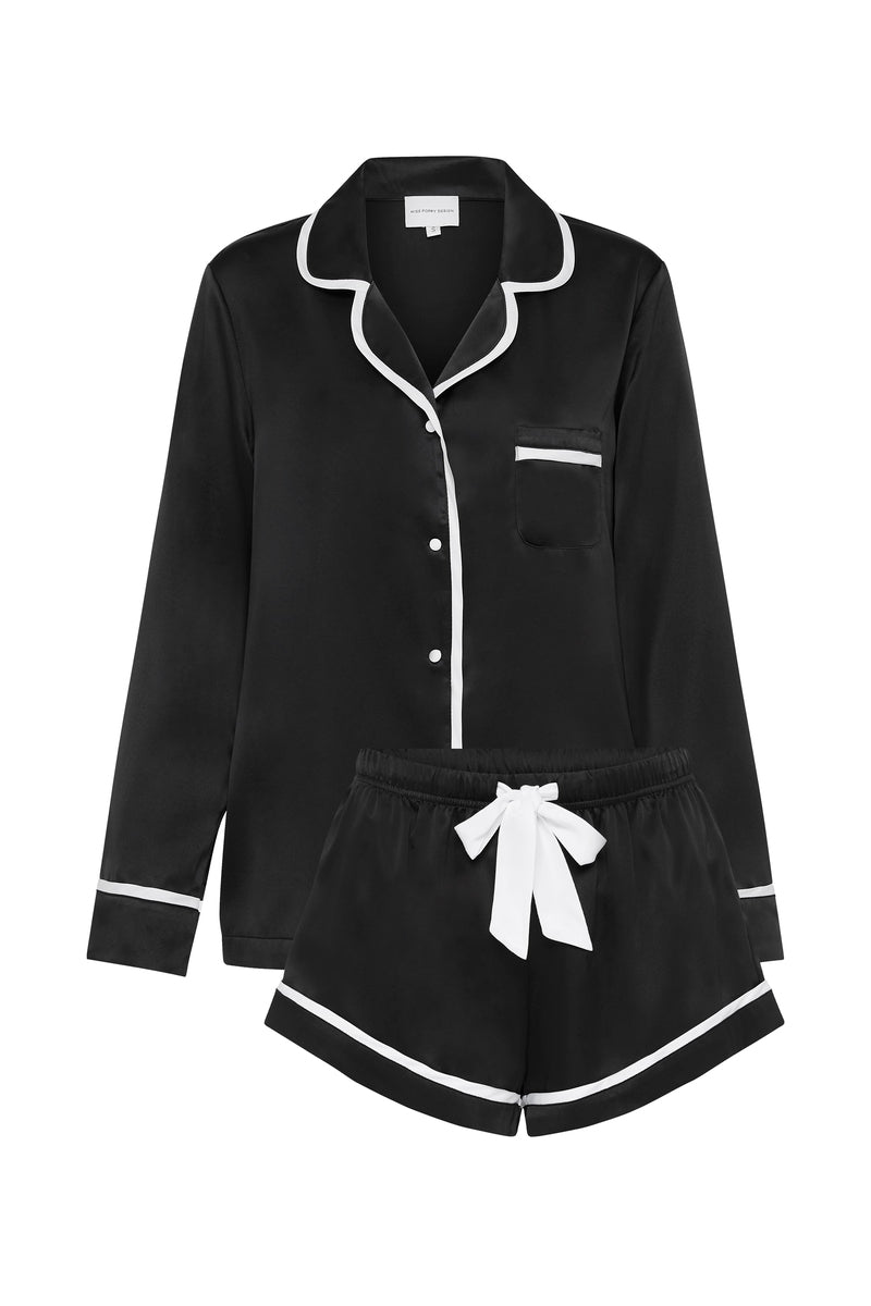 LUXE SATIN PERSONALISED PYJAMA SET - BLACK/ WHITE - LONG SLEEVE