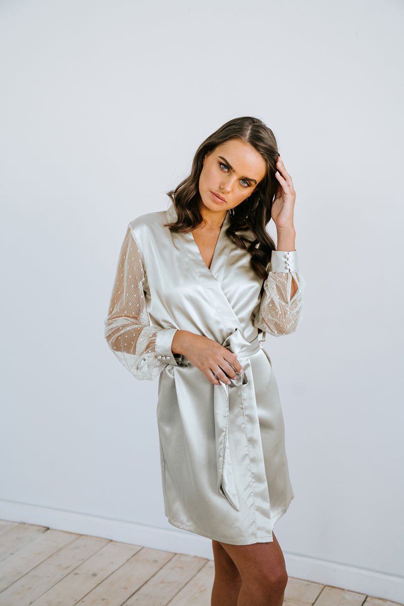 Paige Lace Sleeve Bridal Robe- Sage Green